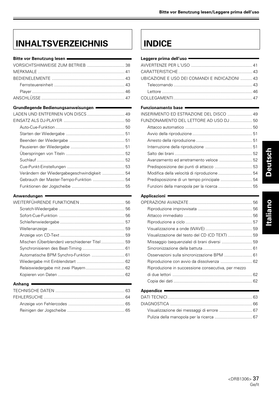 Inhaltsverzeichnis indice, Deutsch italiano | Pioneer CMX-3000 User Manual | Page 37 / 100