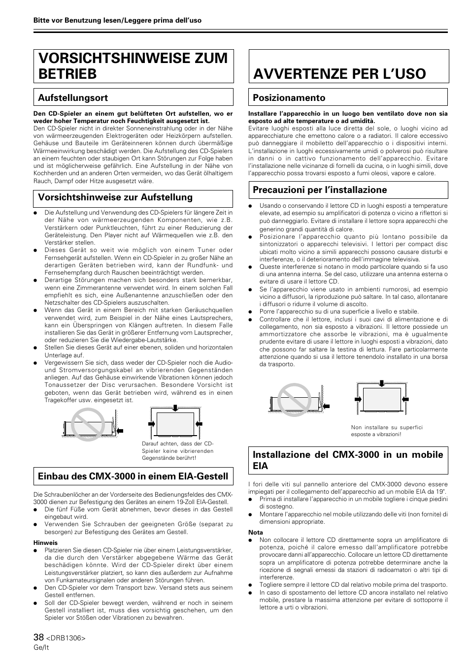 Vorsichtshinweise zum betrieb, Vorsichtshinweise zum betrieb avvertenze per l’uso, Aufstellungsort | Vorsichtshinweise zur aufstellung, Einbau des cmx-3000 in einem eia-gestell, Posizionamento, Precauzioni per l’installazione, Installazione del cmx-3000 in un mobile eia | Pioneer CMX-3000 User Manual | Page 38 / 100