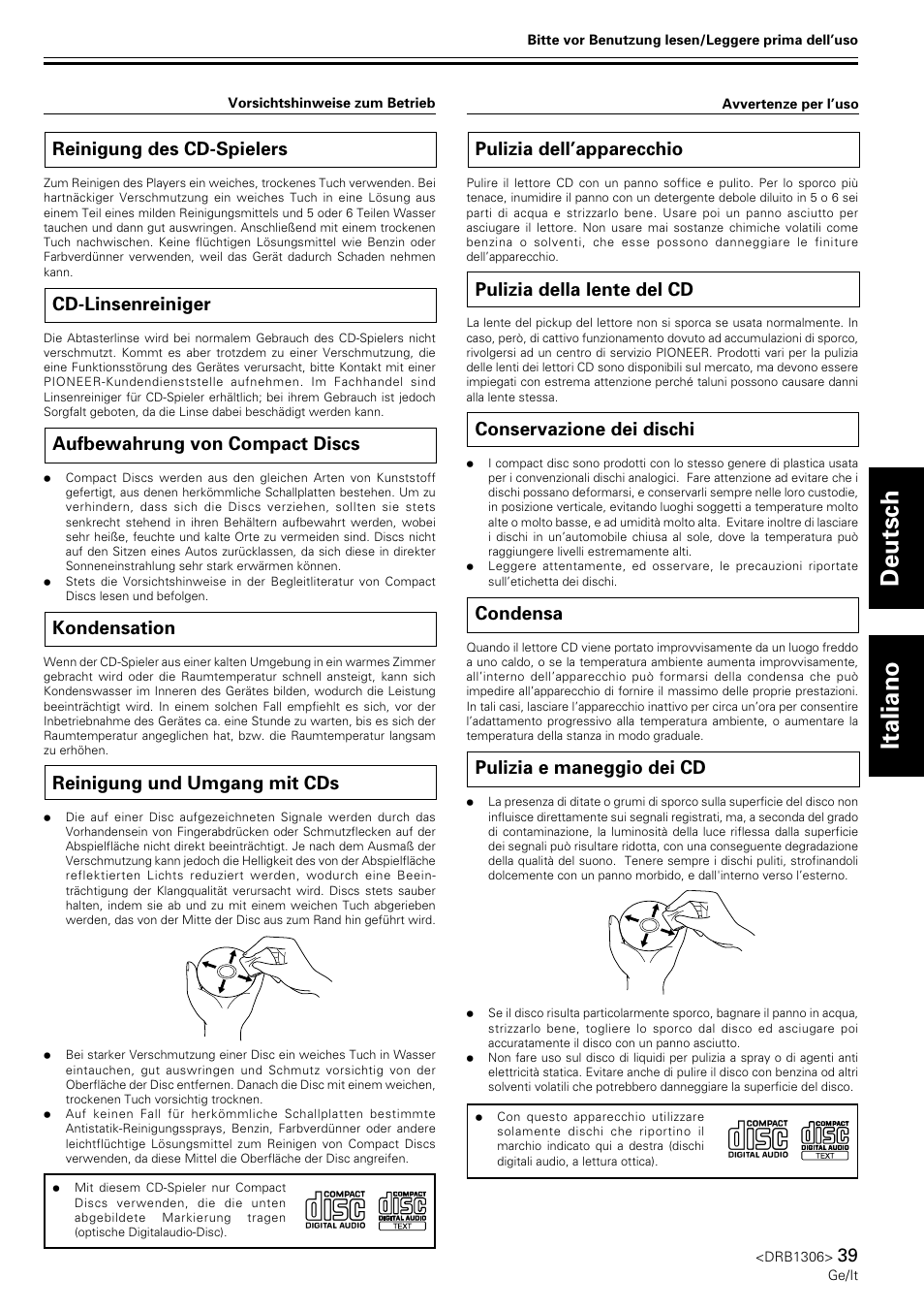 Deutsch italiano, Reinigung des cd-spielers, Cd-linsenreiniger | Aufbewahrung von compact discs, Kondensation, Reinigung und umgang mit cds, Pulizia dell’apparecchio, Pulizia della lente del cd, Conservazione dei dischi, Condensa | Pioneer CMX-3000 User Manual | Page 39 / 100