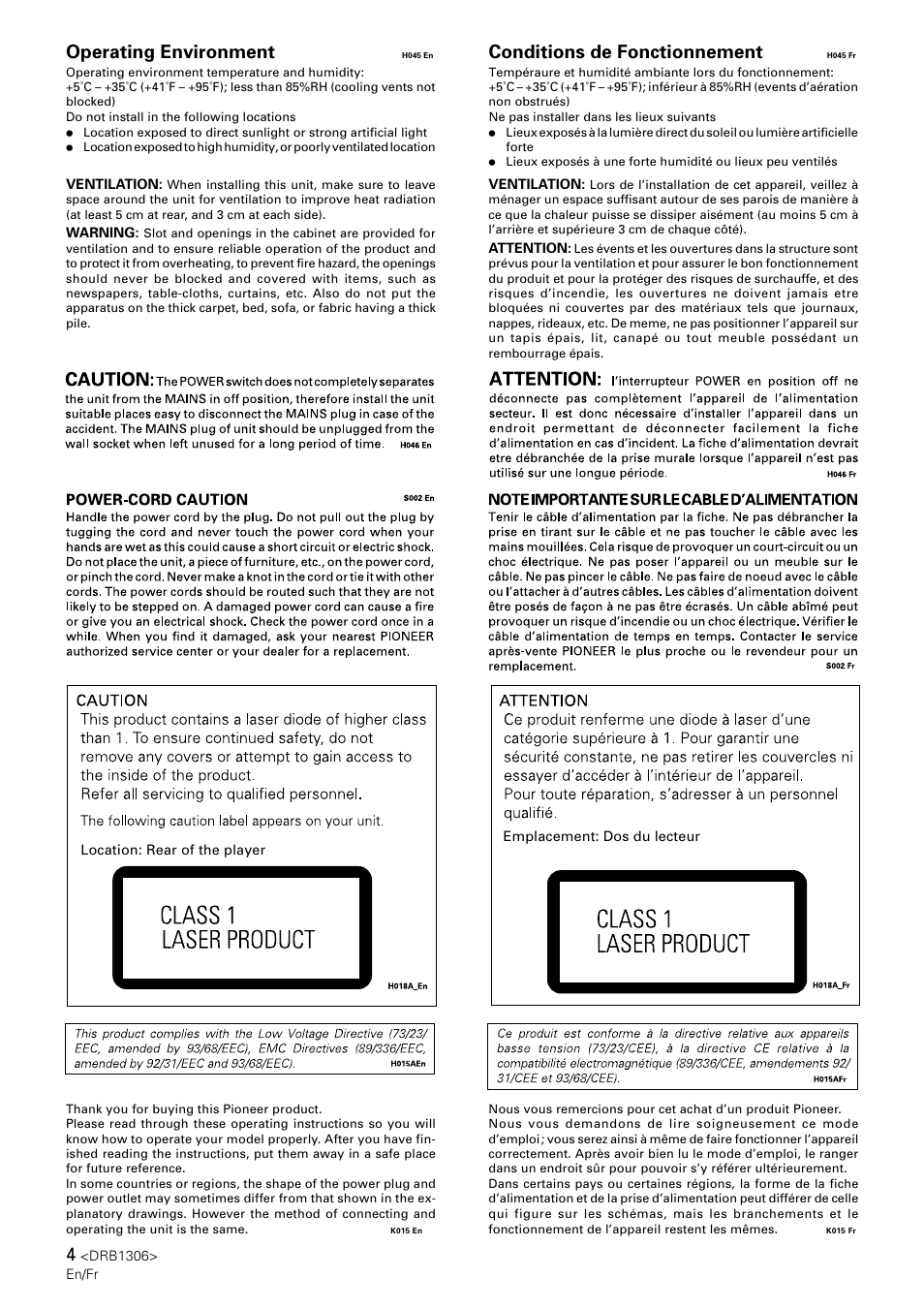 Operating environment, Conditions de fonctionnement | Pioneer CMX-3000 User Manual | Page 4 / 100