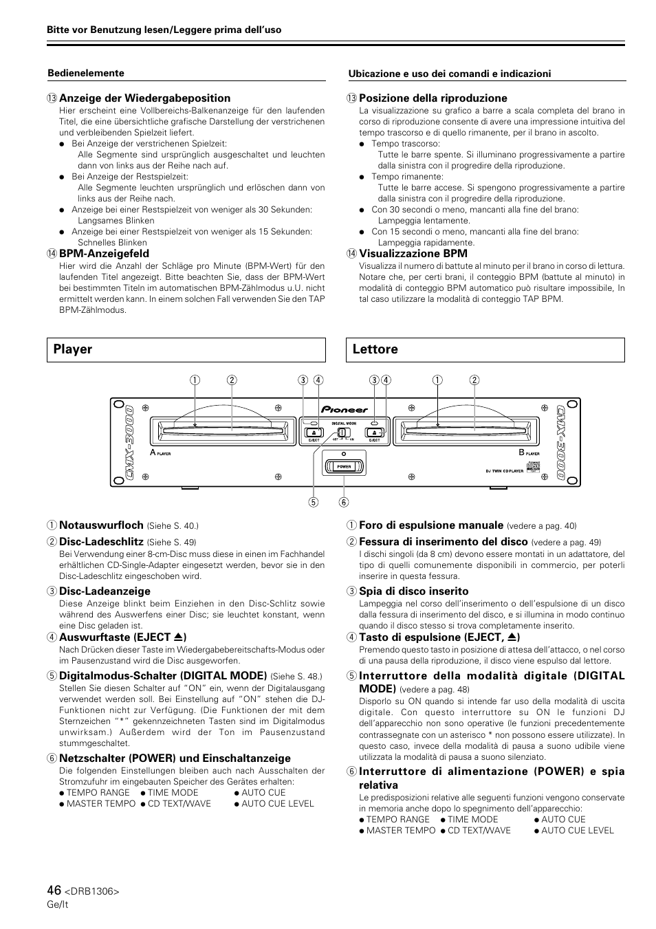 Player, Lettore | Pioneer CMX-3000 User Manual | Page 46 / 100