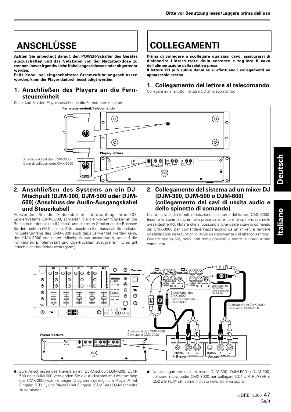 Anschlüsse, Collegamenti, Deutsch italiano | Anschließen des players an die fern- steuereinheit, Collegamento del lettore al telecomando | Pioneer CMX-3000 User Manual | Page 47 / 100