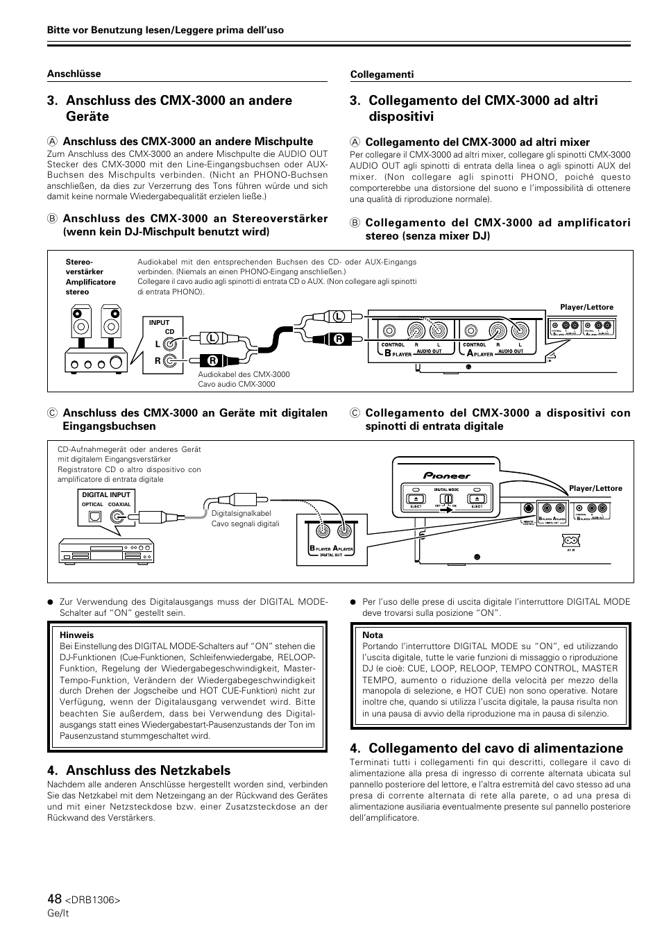 Anschluss des netzkabels, Collegamento del cavo di alimentazione, Collegamento del cmx-3000 ad altri dispositivi | Anschluss des cmx-3000 an andere geräte | Pioneer CMX-3000 User Manual | Page 48 / 100