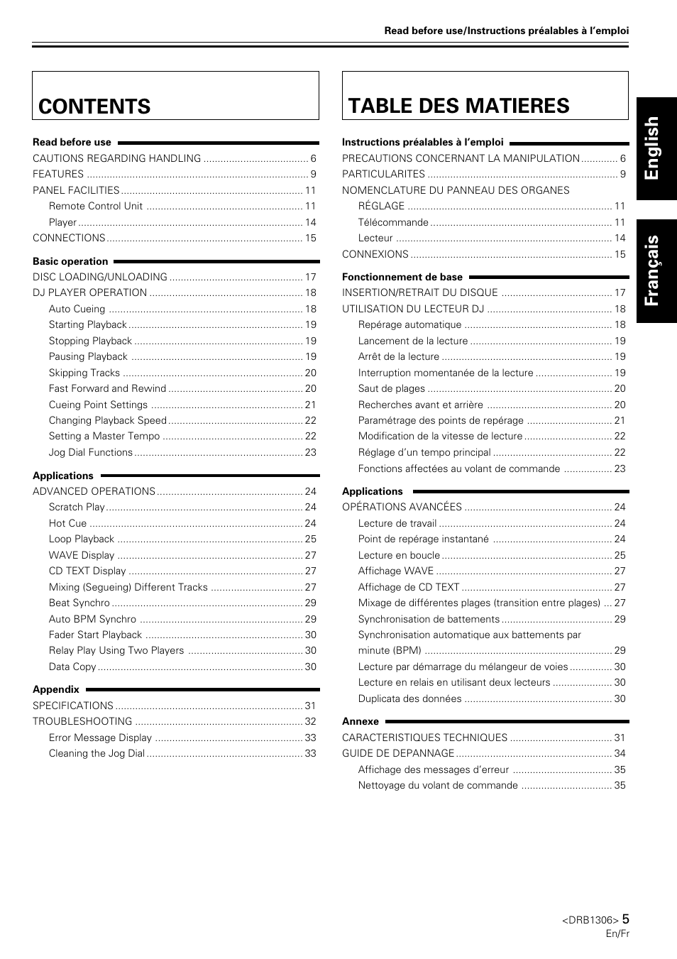 Contents table des matieres, English français | Pioneer CMX-3000 User Manual | Page 5 / 100