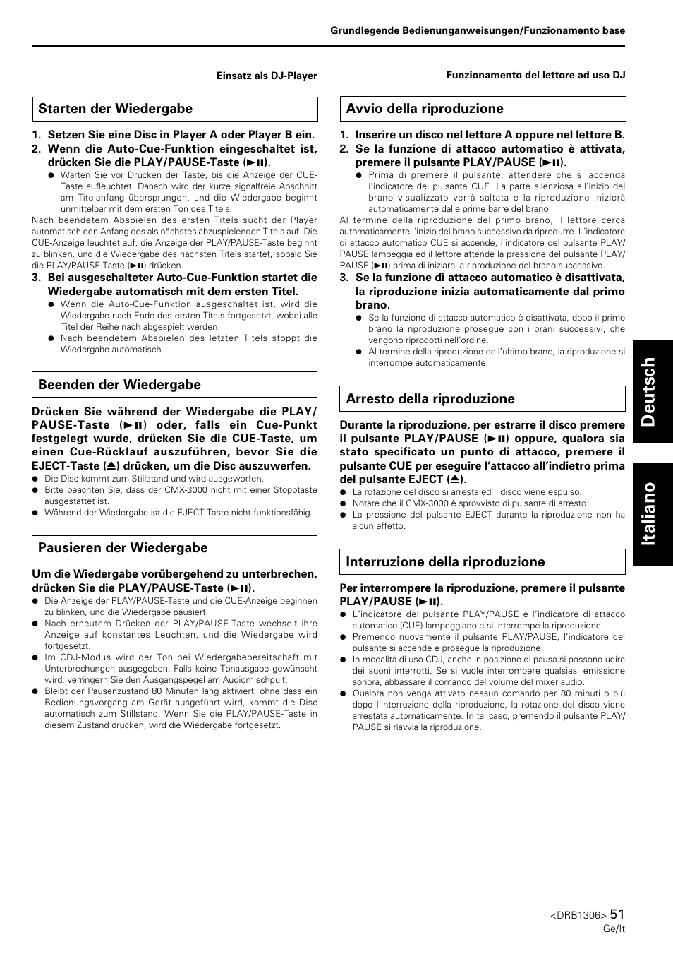 Starten der wiedergabe, Beenden der wiedergabe, Pausieren der wiedergabe | Avvio della riproduzione, Arresto della riproduzione, Interruzione della riproduzione, Deutsch italiano | Pioneer CMX-3000 User Manual | Page 51 / 100