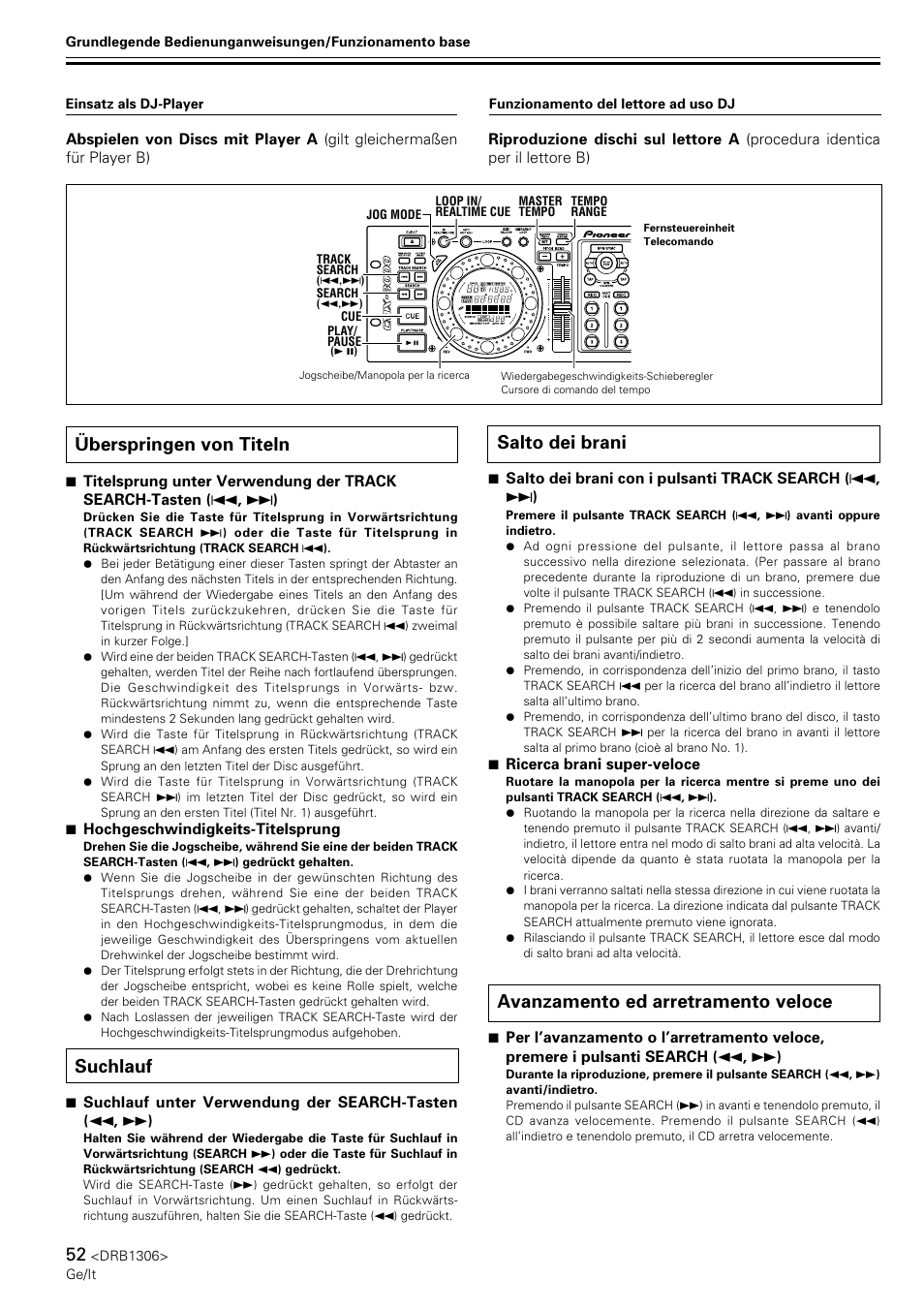 Überspringen von titeln, Suchlauf, Salto dei brani | Avanzamento ed arretramento veloce | Pioneer CMX-3000 User Manual | Page 52 / 100