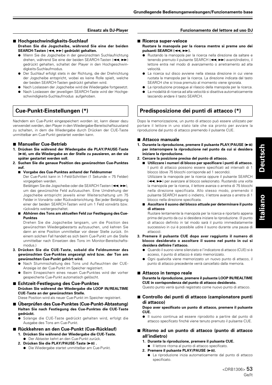 Cue-punkt-einstellungen, Predisposizione dei punti di attacco, Deutsch italiano | Cue-punkt-einstellungen (*), Predisposizione dei punti di attacco (*) | Pioneer CMX-3000 User Manual | Page 53 / 100