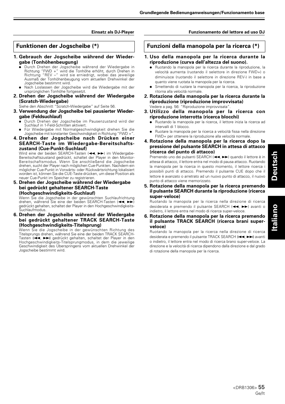 Funktionen der jogscheibe, Funzioni della manopola per la ricerca, Deutsch italiano | Funktionen der jogscheibe (*), Funzioni della manopola per la ricerca (*) | Pioneer CMX-3000 User Manual | Page 55 / 100