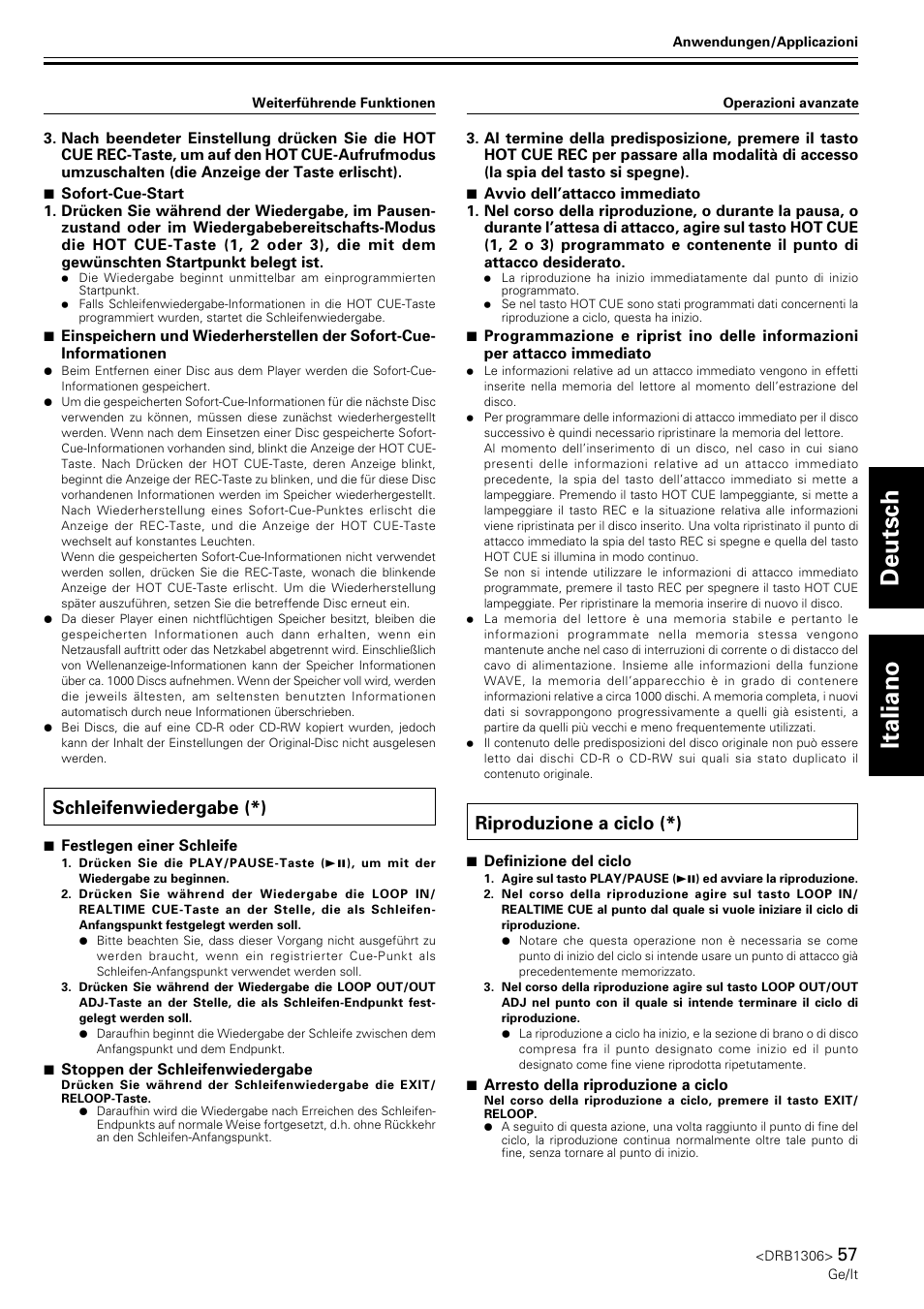 Schleifenwiedergabe, Riproduzione a ciclo, Deutsch italiano | Schleifenwiedergabe (*), Riproduzione a ciclo (*) | Pioneer CMX-3000 User Manual | Page 57 / 100