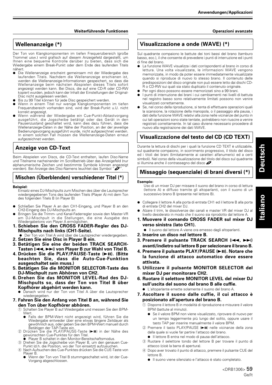 Wellenanzeige, Anzeige von cd-text, Mischen (überblenden) verschiedener titel | Visualizzazione a onde (wave), Visualizzazione del testo del cd (cd text), Missaggio (sequenziale) di brani diversi, Deutsch italiano, Wellenanzeige (*), Mischen (überblenden) verschiedener titel (*), Visualizzazione a onde (wave) (*) | Pioneer CMX-3000 User Manual | Page 59 / 100