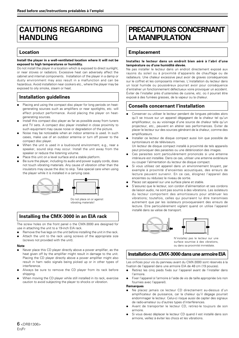 Cautions regarding handling, Precautions concernant la manipulation, Location | Installation guidelines, Emplacement, Conseils concernant l’installation, Installing the cmx-3000 in an eia rack, Installation du cmx-3000 dans une armoire eia | Pioneer CMX-3000 User Manual | Page 6 / 100