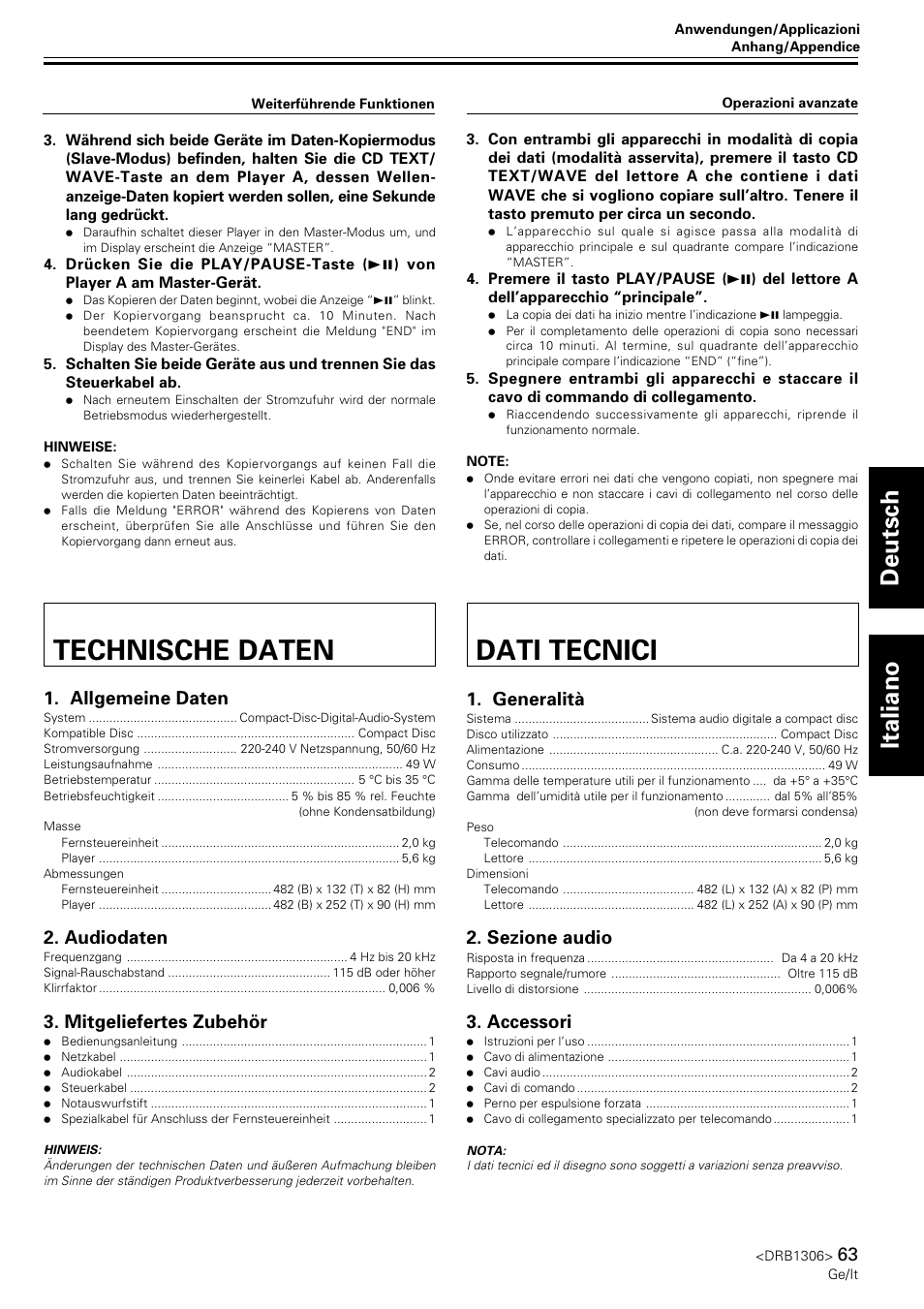 Technische daten, Dati tecnici, Deutsch italiano | Allgemeine daten, Audiodaten, Mitgeliefertes zubehör, Generalità, Sezione audio, Accessori | Pioneer CMX-3000 User Manual | Page 63 / 100