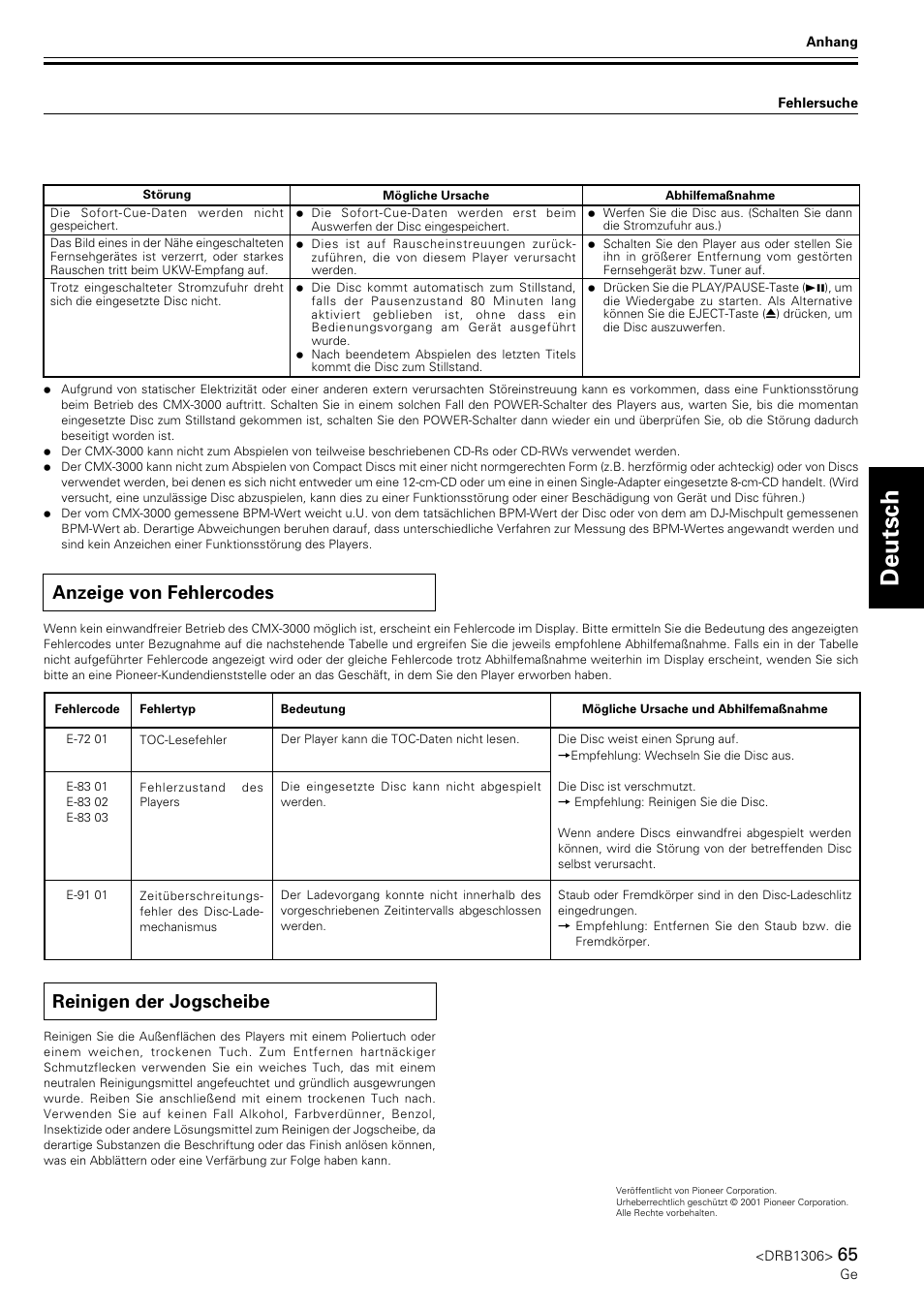 Anzeige von fehlercodes, Reinigen der jogscheibe, Deutsch italiano | Pioneer CMX-3000 User Manual | Page 65 / 100