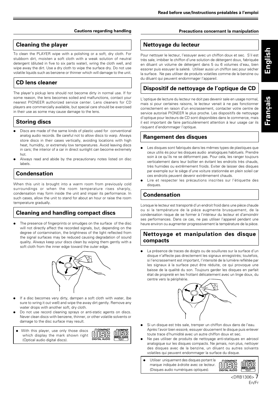 English français, Cleaning the player, Cd lens cleaner | Storing discs, Condensation, Cleaning and handling compact discs, Nettoyage du lecteur, Dispositif de nettoyage de l’optique de cd, Rangement des disques, Nettoyage et manipulation des disque compacts | Pioneer CMX-3000 User Manual | Page 7 / 100
