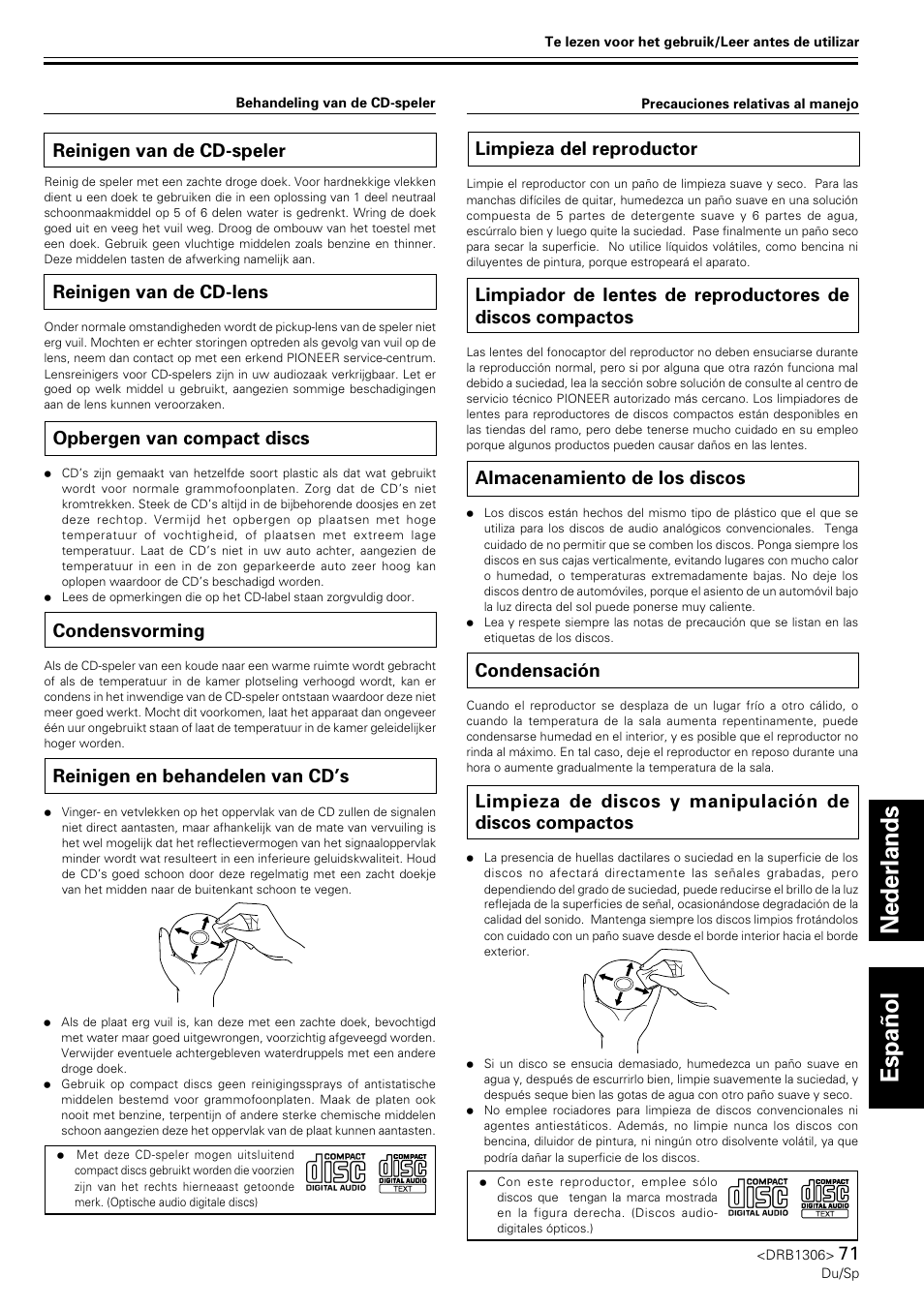 Nederlands español, Limpieza del reproductor, Almacenamiento de los discos | Condensación, Reinigen van de cd-speler, Reinigen van de cd-lens, Opbergen van compact discs, Condensvorming, Reinigen en behandelen van cd’s | Pioneer CMX-3000 User Manual | Page 71 / 100