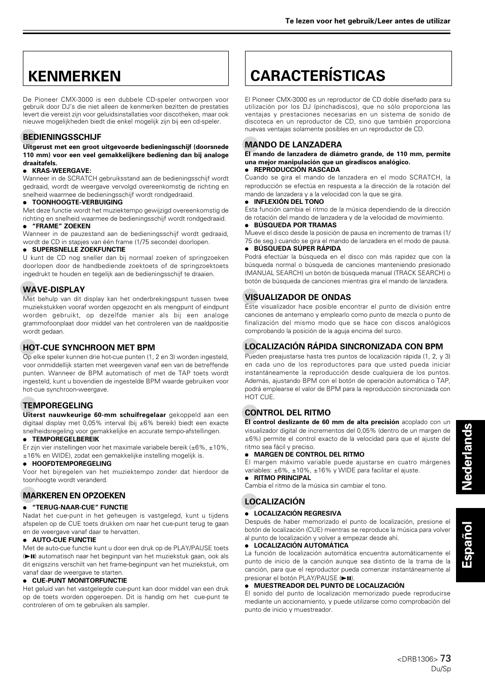 Kenmerken, Características, Kenmerken características | Nederlands español | Pioneer CMX-3000 User Manual | Page 73 / 100