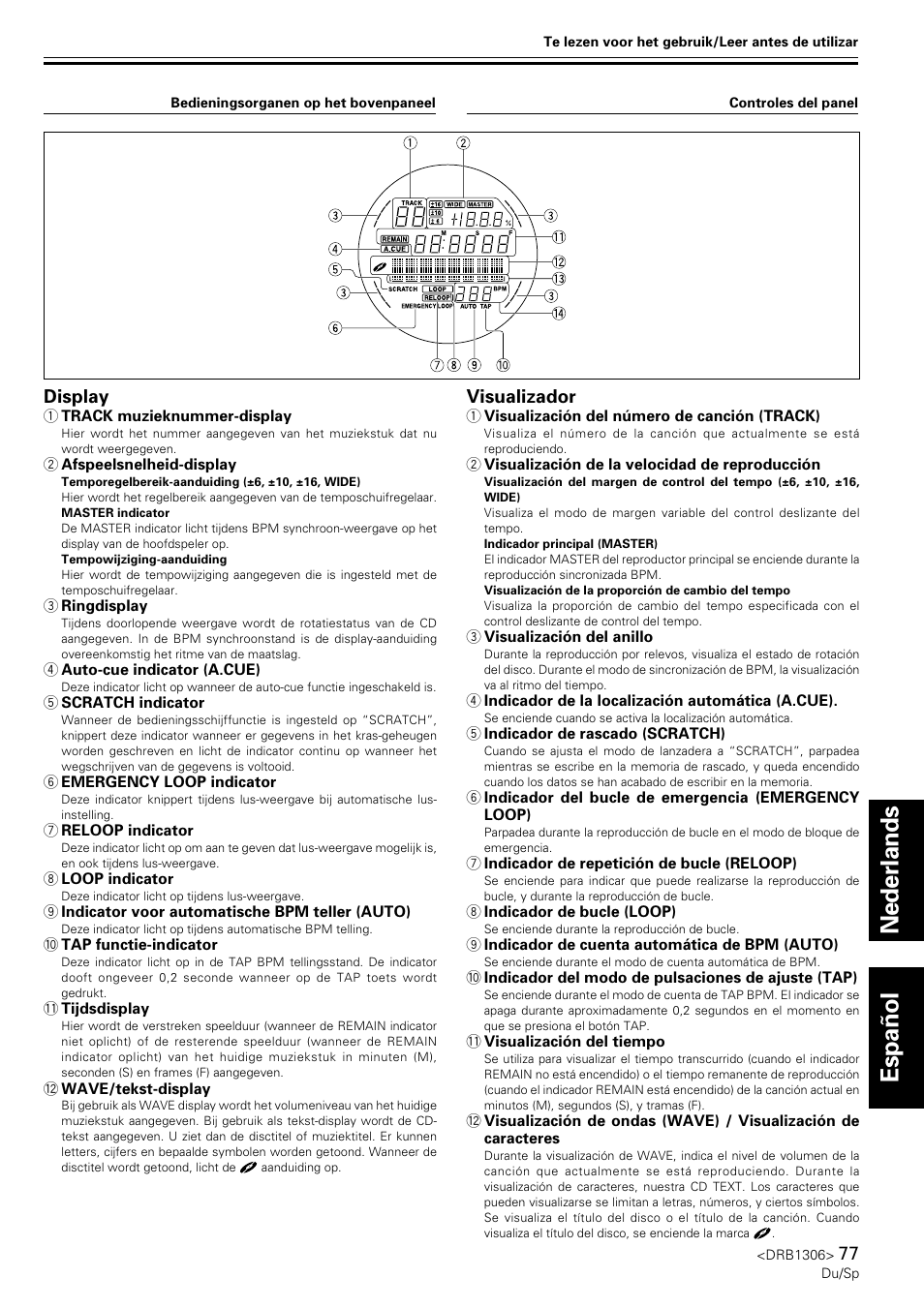 Nederlands español, Display, Visualizador | Pioneer CMX-3000 User Manual | Page 77 / 100