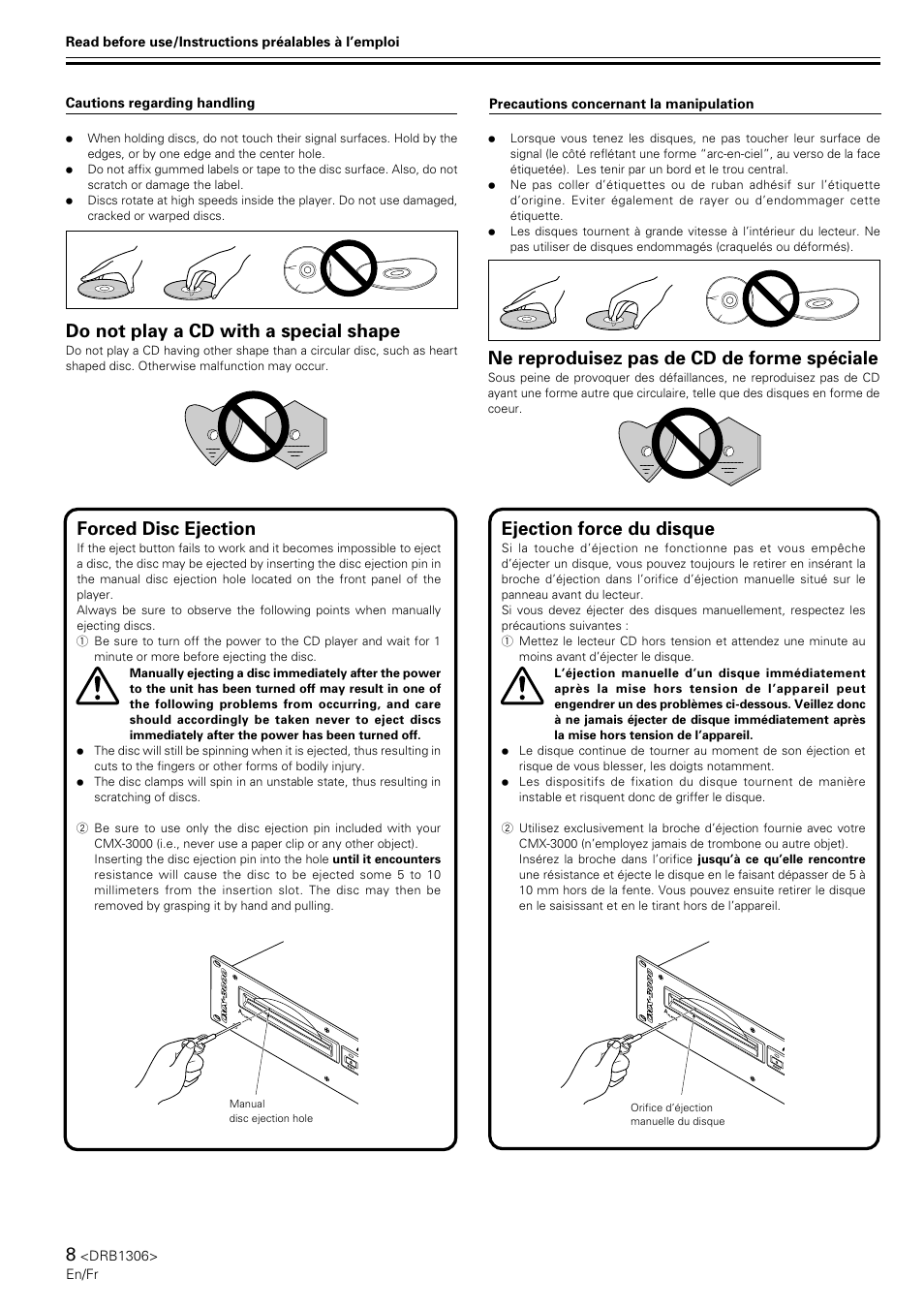 Do not play a cd with a special shape, Ne reproduisez pas de cd de forme spéciale, Forced disc ejection | Ejection force du disque | Pioneer CMX-3000 User Manual | Page 8 / 100