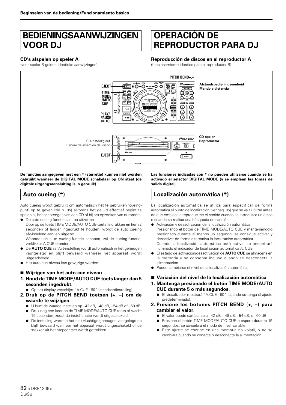 Bedieningsaanwijzingen voor dj, Auto cueing, Operación de reproductor para dj | Localización automática, Auto cueing (*), Localización automática (*) | Pioneer CMX-3000 User Manual | Page 82 / 100