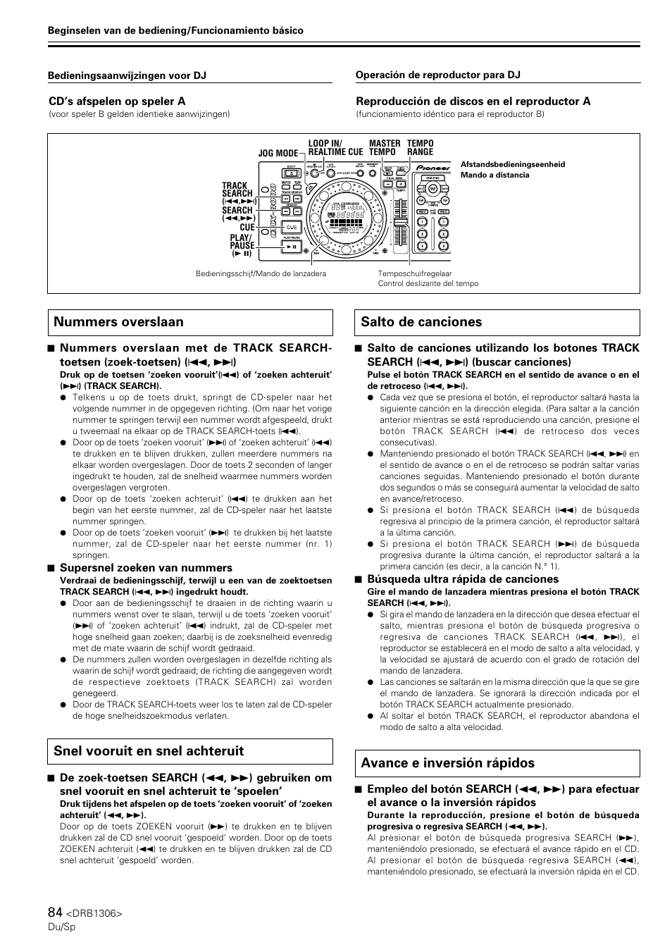 Nummers overslaan, Snel vooruit en snel achteruit, Salto de canciones | Avance e inversión rápidos | Pioneer CMX-3000 User Manual | Page 84 / 100