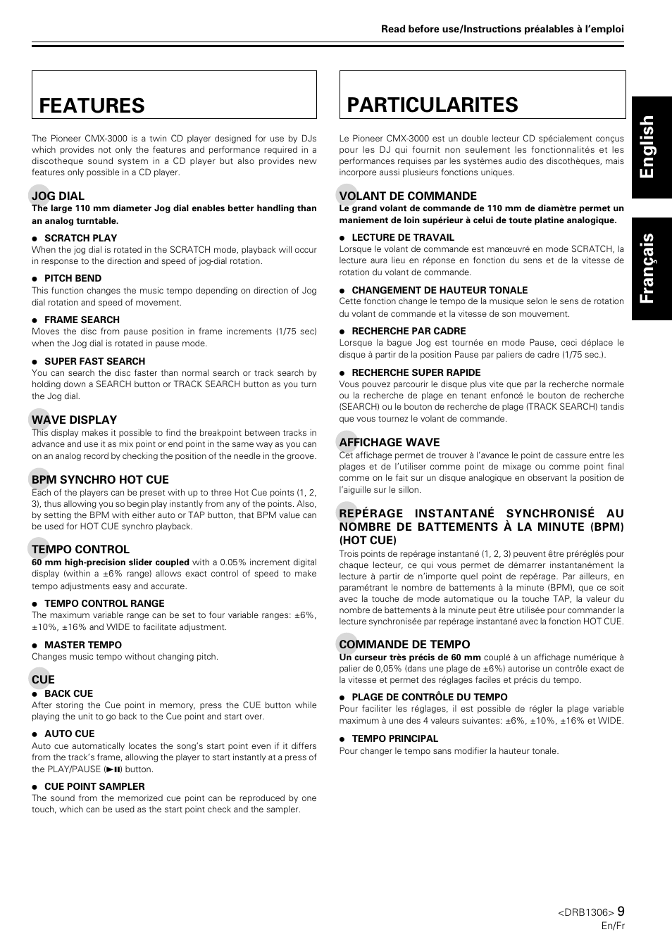 Features, Particularites, Features particularites | English français | Pioneer CMX-3000 User Manual | Page 9 / 100