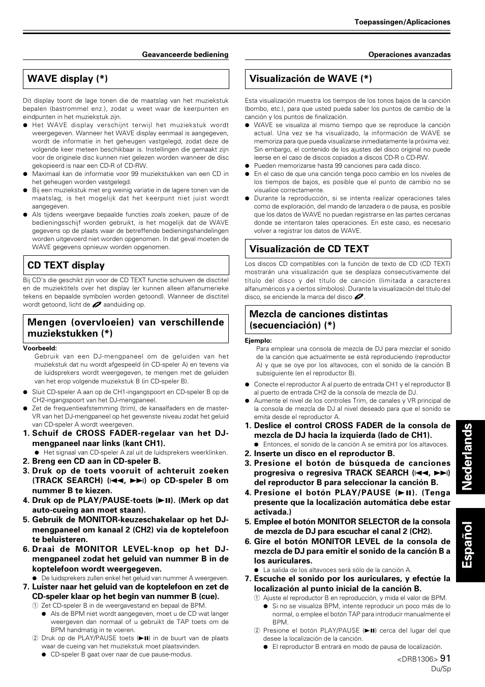 Wave display, Cd text display, Visualización de wave | Visualización de cd text, Mezcla de canciones distintas (secuenciación), Nederlands espa ñ ol, Wave display (*), Visualización de wave (*), Mezcla de canciones distintas (secuenciación) (*) | Pioneer CMX-3000 User Manual | Page 91 / 100