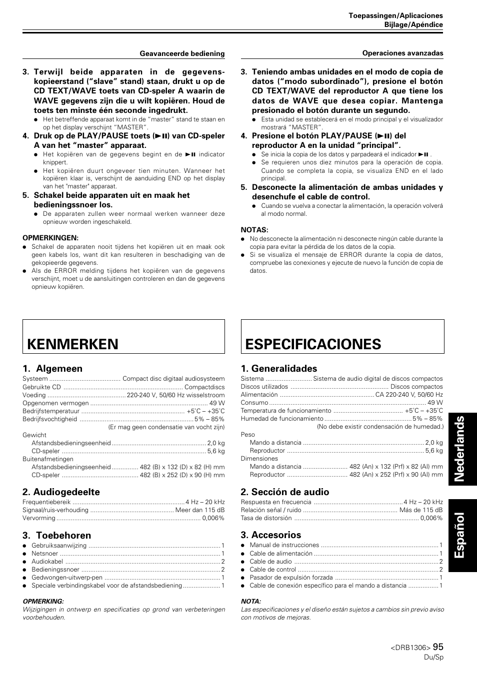 Kenmerken, Especificaciones, Nederlands espa ñ ol | Generalidades, Sección de audio, Accesorios, Algemeen, Audiogedeelte, Toebehoren | Pioneer CMX-3000 User Manual | Page 95 / 100