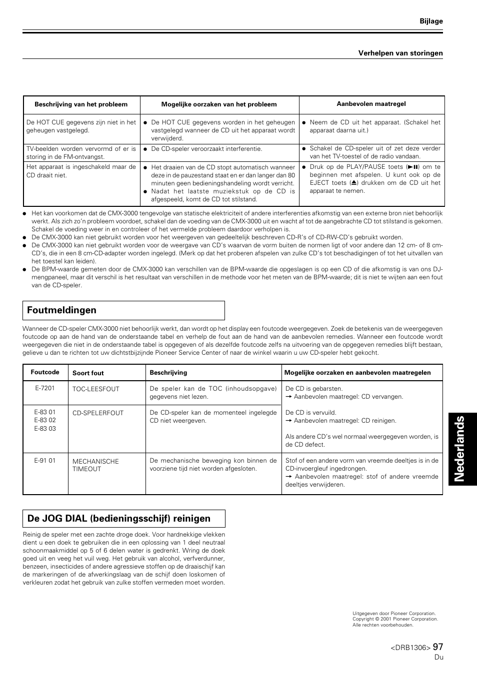 Foutmeldingen, De jog dial (bedieningsschijf) reinigen, Nederlands espa ñ ol | Pioneer CMX-3000 User Manual | Page 97 / 100