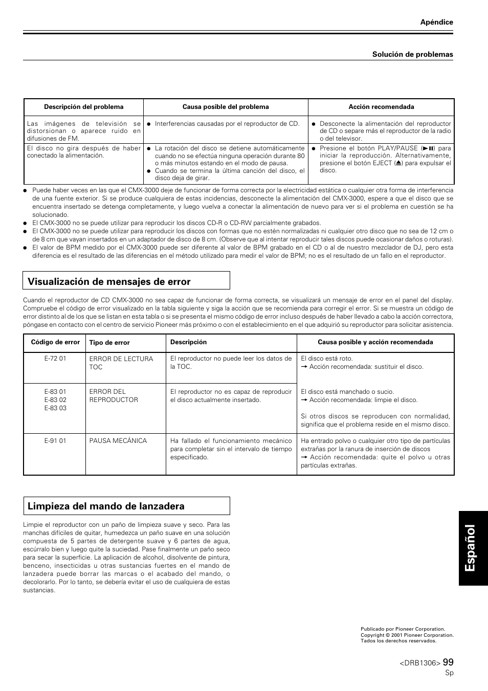 Visualización de mensajes de error, Limpieza del mando de lanzadera, Nederlands espa ñ ol | Pioneer CMX-3000 User Manual | Page 99 / 100