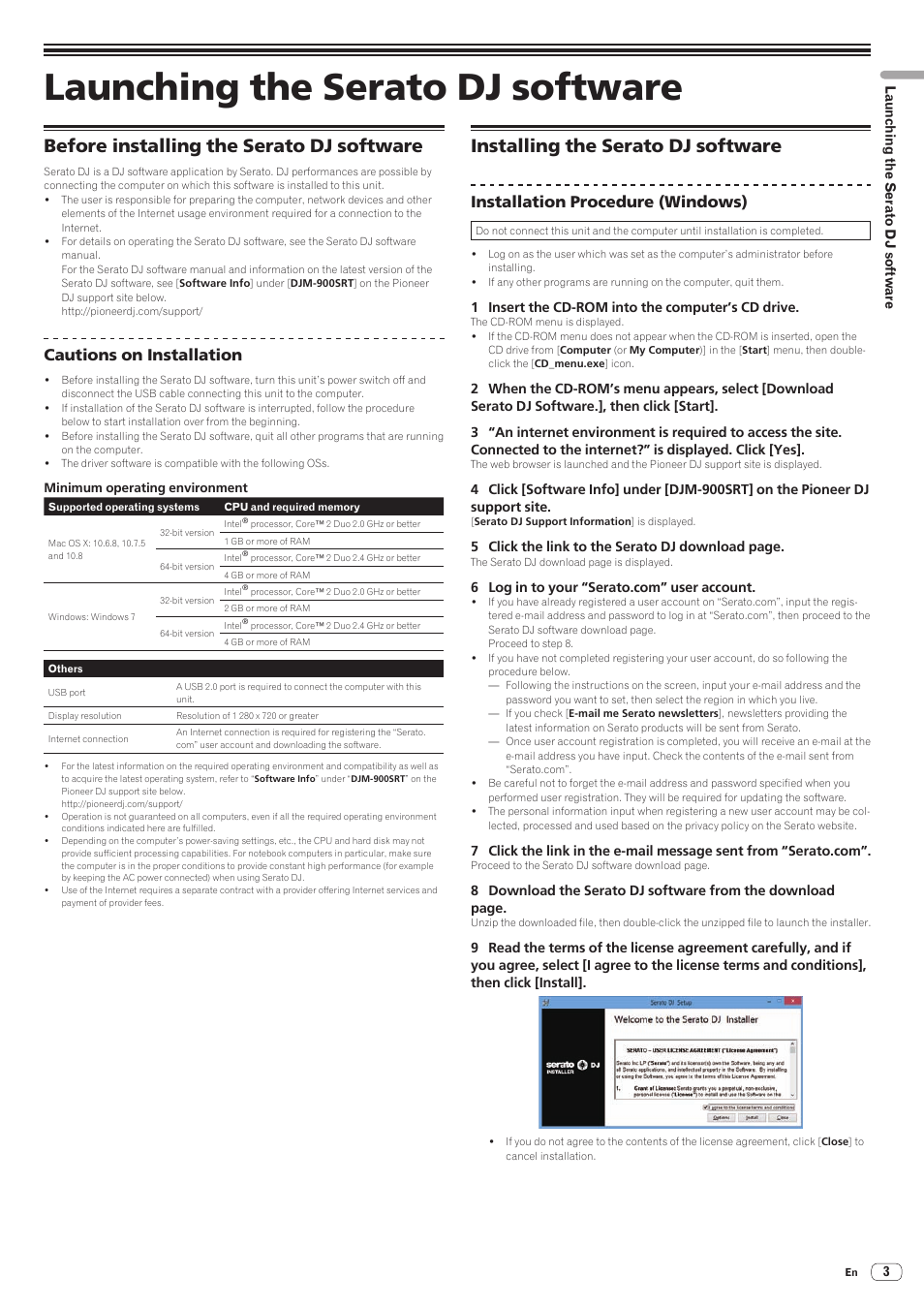 Launching the serato dj software, Before installing the serato dj software, Installing the serato dj software | Cautions on installation, Installation procedure (windows) | Pioneer DJM-900SRT User Manual | Page 3 / 11