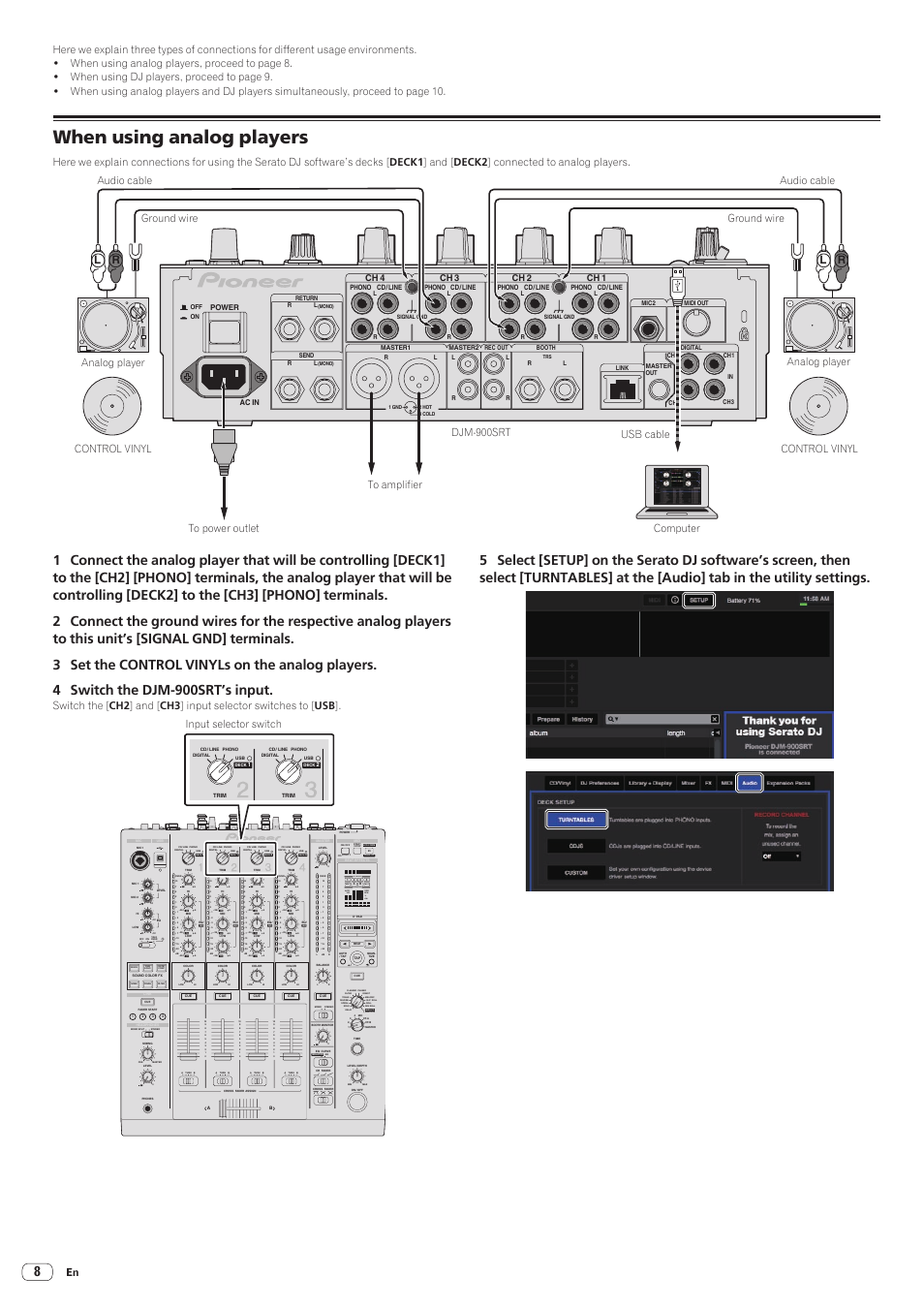 When using analog players, Auto grid tap, Ch select | Parameter, Input selector switch, Ch 4 ch 3, Ch 1, Ch 2, Power ac in | Pioneer DJM-900SRT User Manual | Page 8 / 11