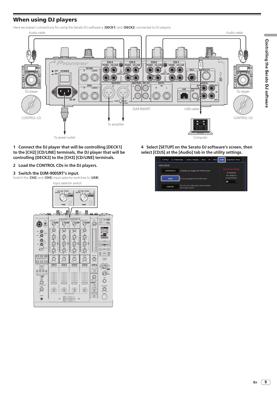 When using dj players, 9controlling the serato dj software, Auto grid tap | Ch select, Parameter, Input selector switch, Ch 4 ch 3, Ch 1, Ch 2, Power ac in | Pioneer DJM-900SRT User Manual | Page 9 / 11