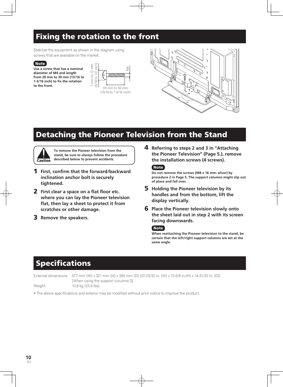 Fixing the rotation to the front, Detaching the pioneer television from the stand, Speciﬁcations | Pioneer PDK-TS36B User Manual | Page 10 / 82