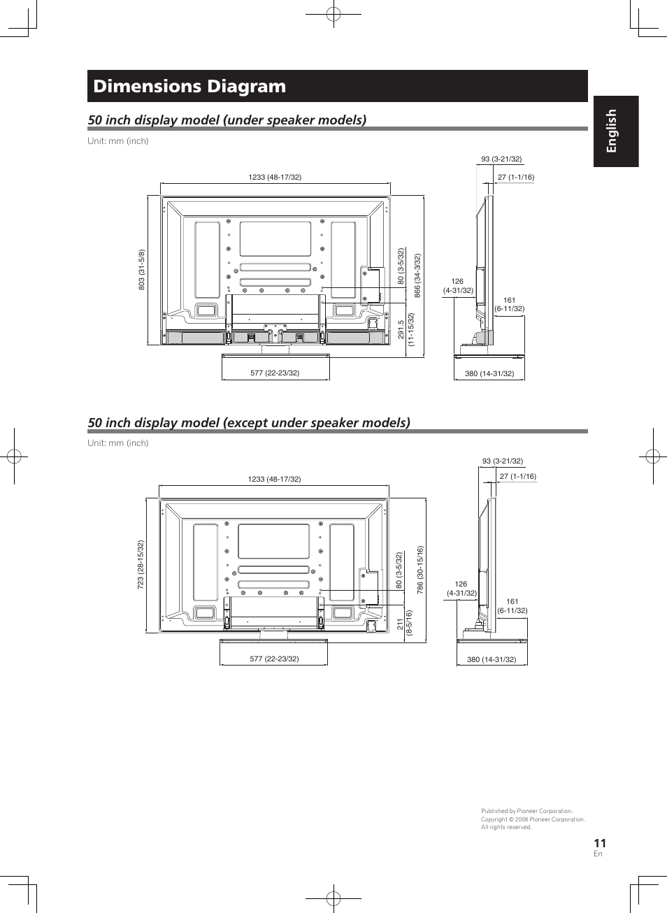 Dimensions diagram, English, 50 inch display model (under speaker models) | Pioneer PDK-TS36B User Manual | Page 11 / 82
