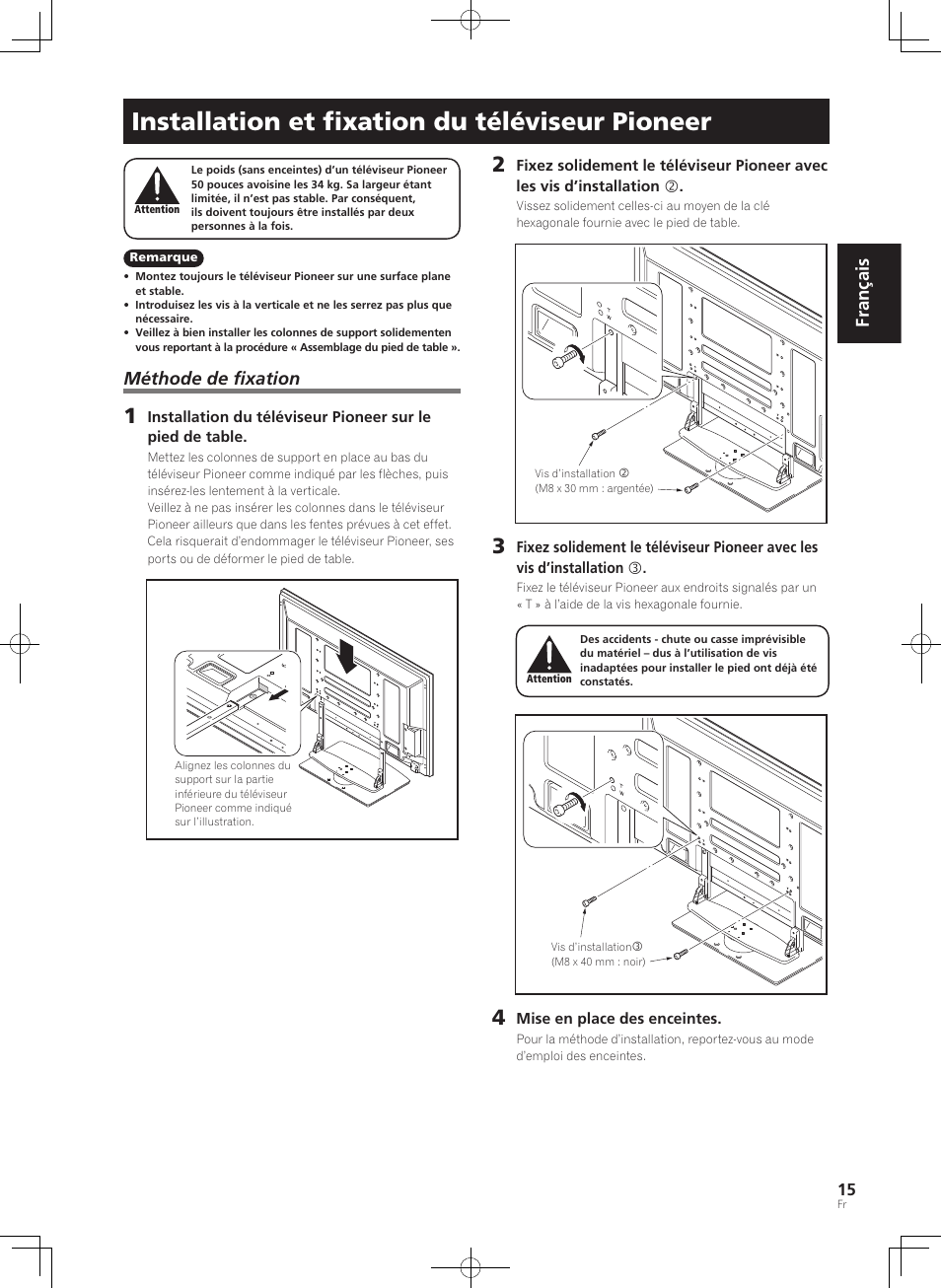 Installation et ﬁxation du téléviseur pioneer, Français, Méthode de fixation | Pioneer PDK-TS36B User Manual | Page 15 / 82