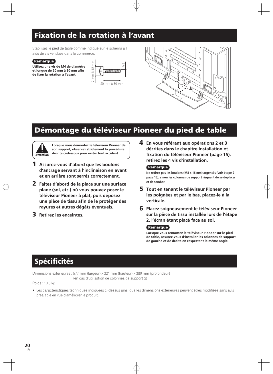 Fixation de la rotation à l’avant, Démontage du téléviseur pioneer du pied de table, Spéciﬁcités | Pioneer PDK-TS36B User Manual | Page 20 / 82