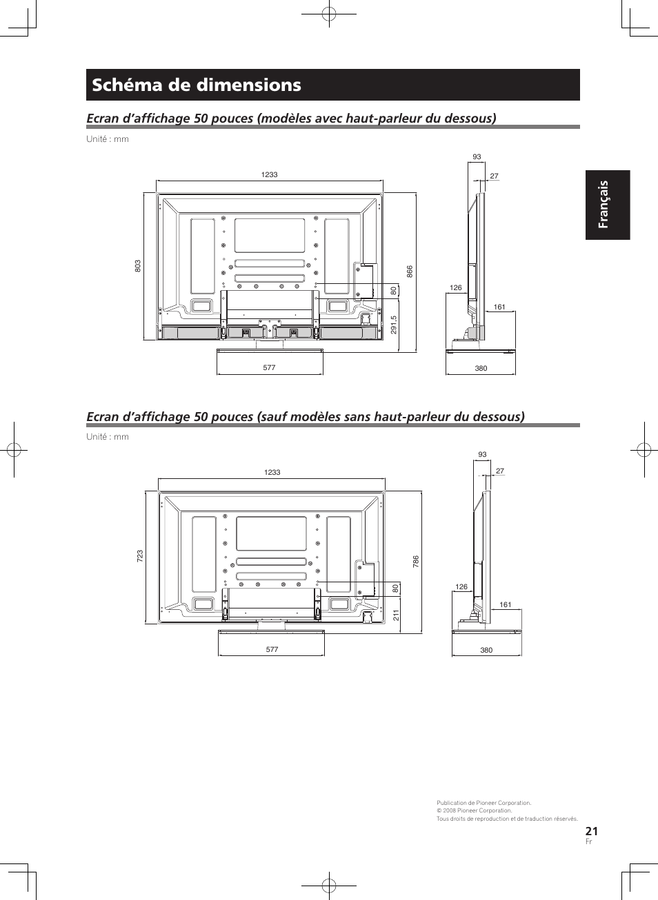 Schéma de dimensions, Français | Pioneer PDK-TS36B User Manual | Page 21 / 82