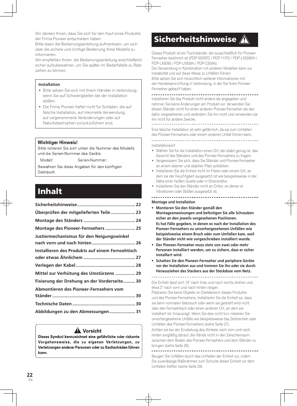 Inhalt, Sicherheitshinweise | Pioneer PDK-TS36B User Manual | Page 22 / 82