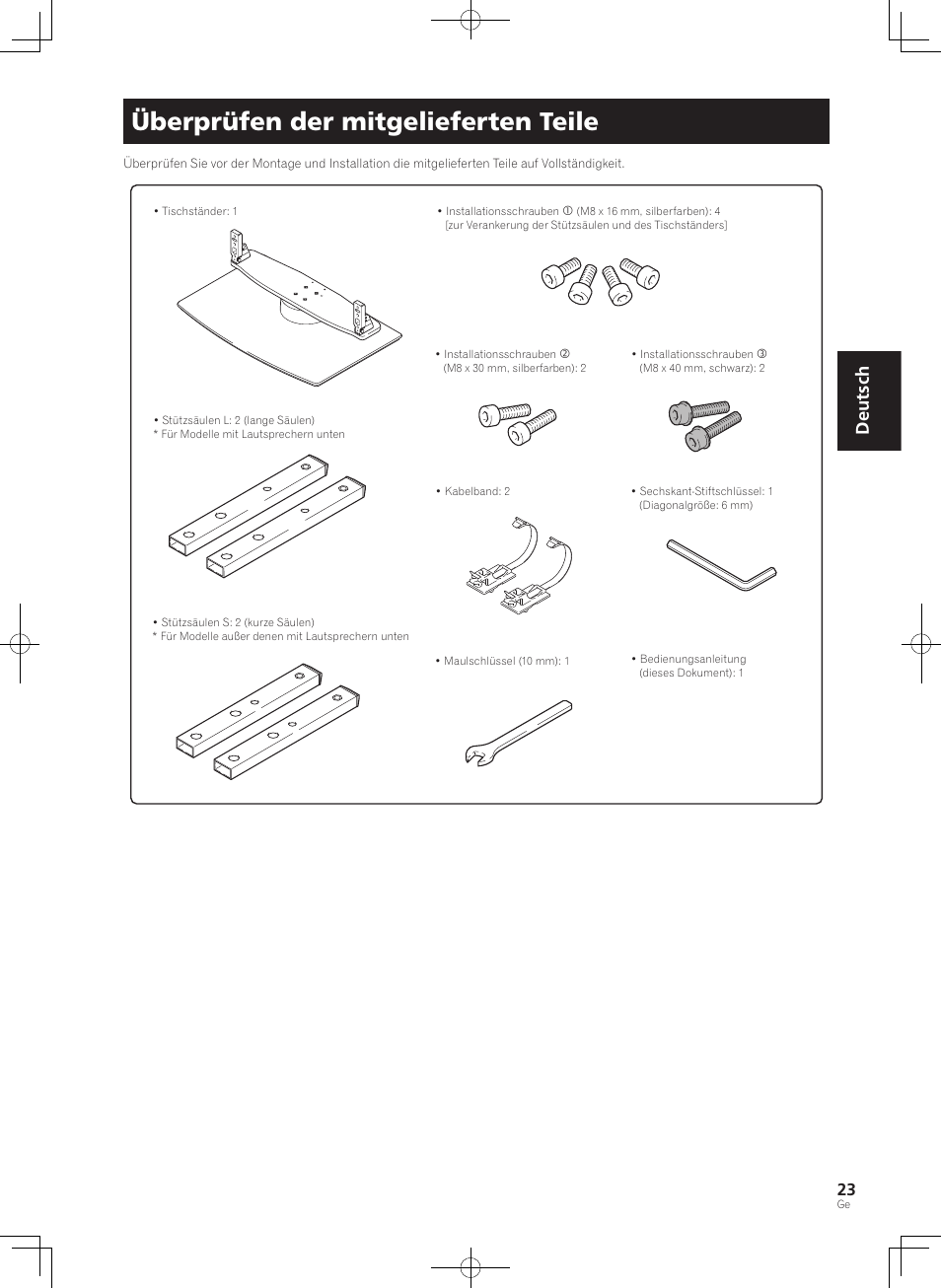 Überprüfen der mitgelieferten teile, Deutsch | Pioneer PDK-TS36B User Manual | Page 23 / 82