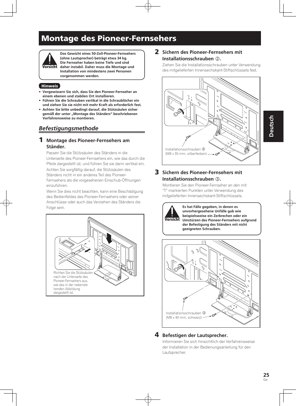 Montage des pioneer-fernsehers, Deutsch, Befestigungsmethode | Pioneer PDK-TS36B User Manual | Page 25 / 82