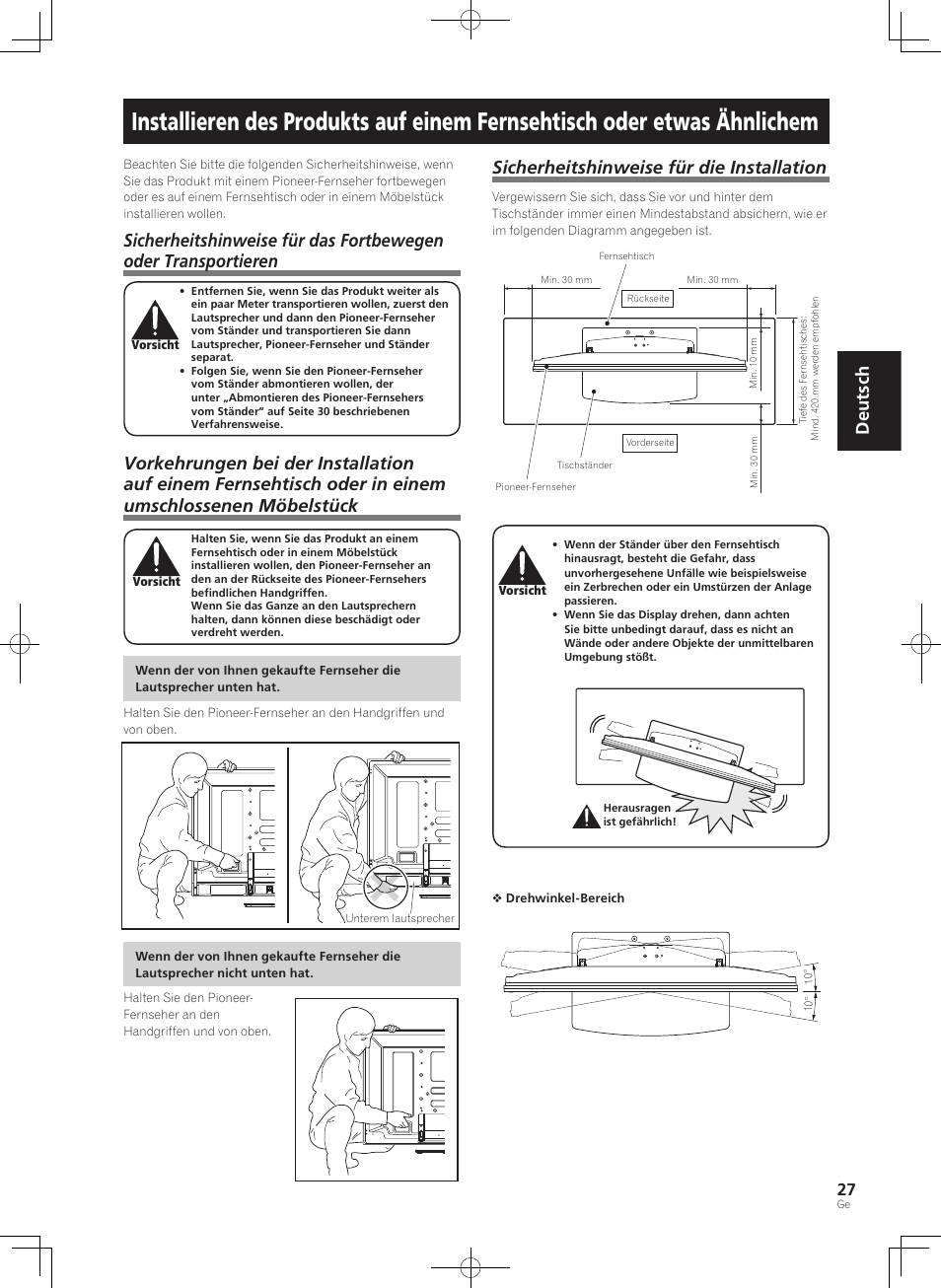 Deutsch, Sicherheitshinweise für die installation | Pioneer PDK-TS36B User Manual | Page 27 / 82