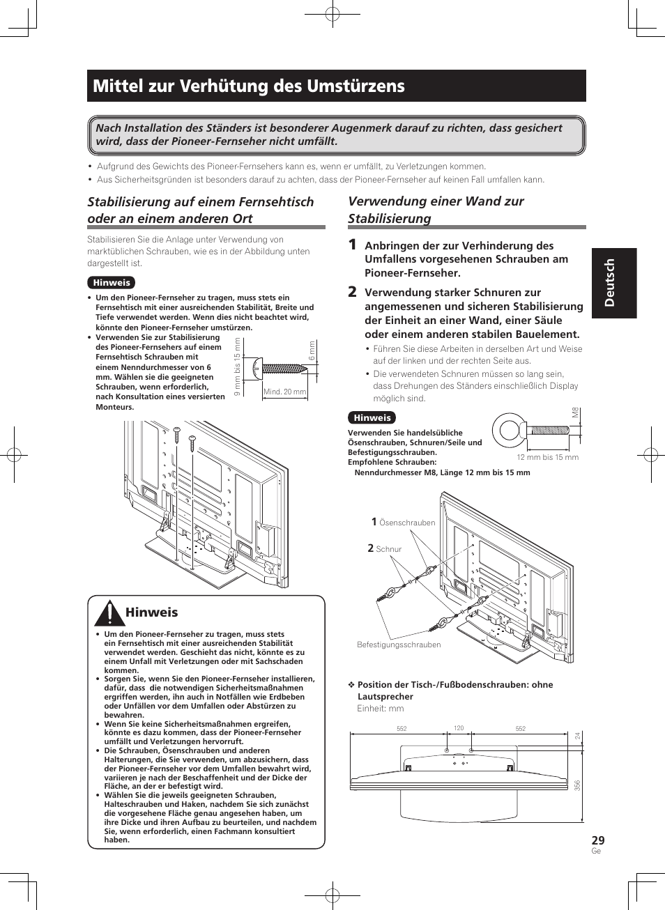 Mittel zur verhütung des umstürzens, Deutsch, Verwendung einer wand zur stabilisierung | Pioneer PDK-TS36B User Manual | Page 29 / 82