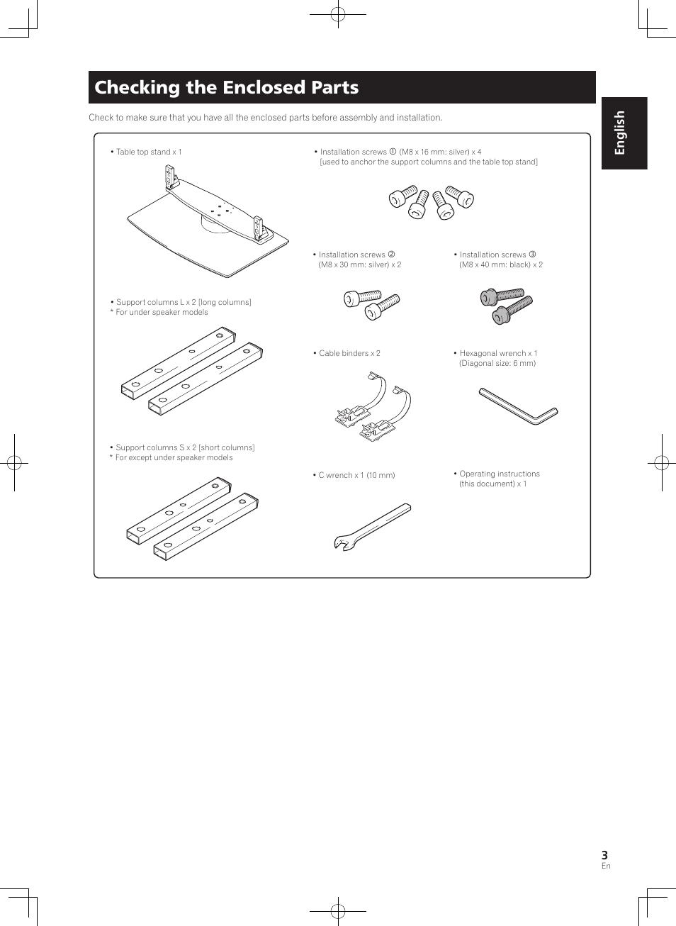 Checking the enclosed parts, English | Pioneer PDK-TS36B User Manual | Page 3 / 82