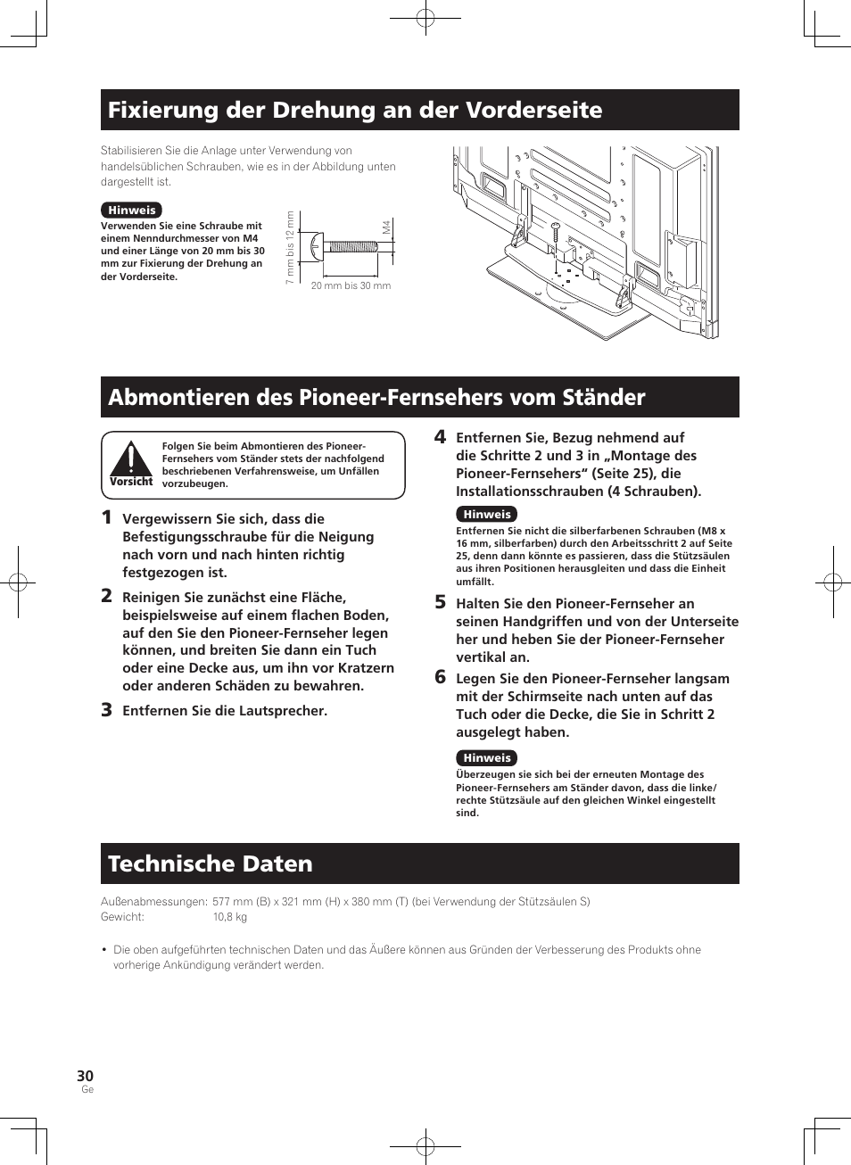 Fixierung der drehung an der vorderseite, Abmontieren des pioneer-fernsehers vom ständer, Technische daten | Pioneer PDK-TS36B User Manual | Page 30 / 82