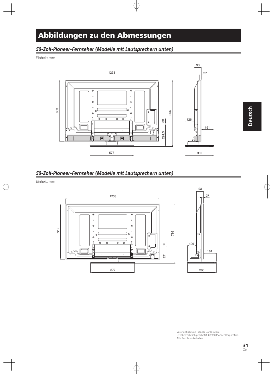 Abbildungen zu den abmessungen, Deutsch | Pioneer PDK-TS36B User Manual | Page 31 / 82