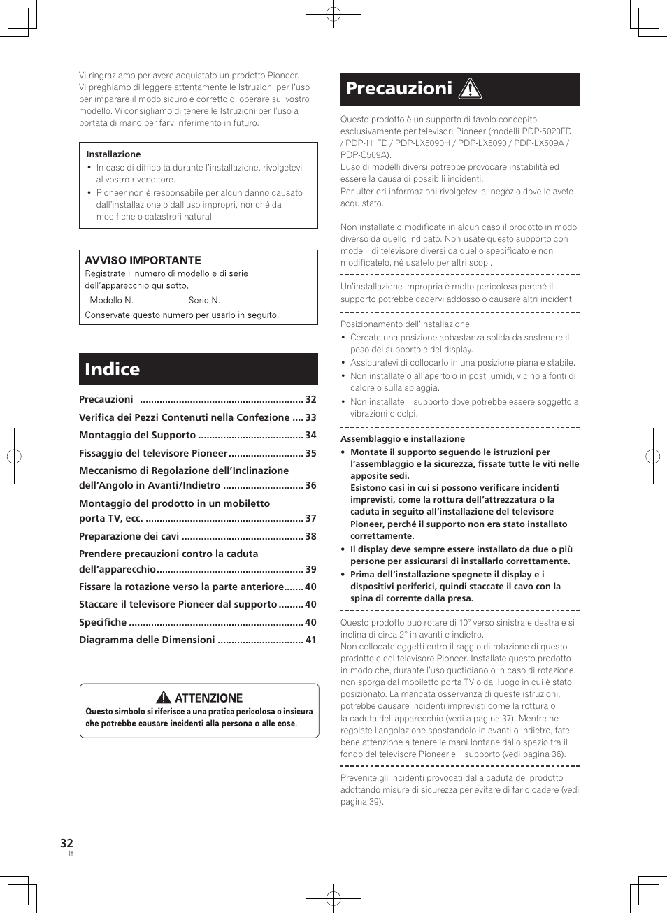 Indice, Precauzioni | Pioneer PDK-TS36B User Manual | Page 32 / 82