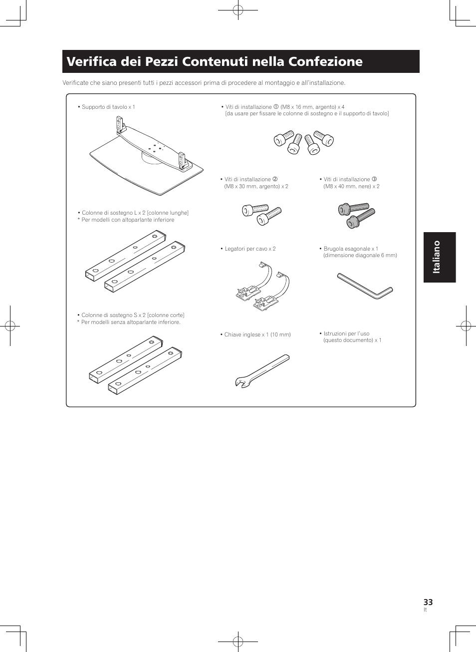 Veriﬁca dei pezzi contenuti nella confezione, Italiano | Pioneer PDK-TS36B User Manual | Page 33 / 82