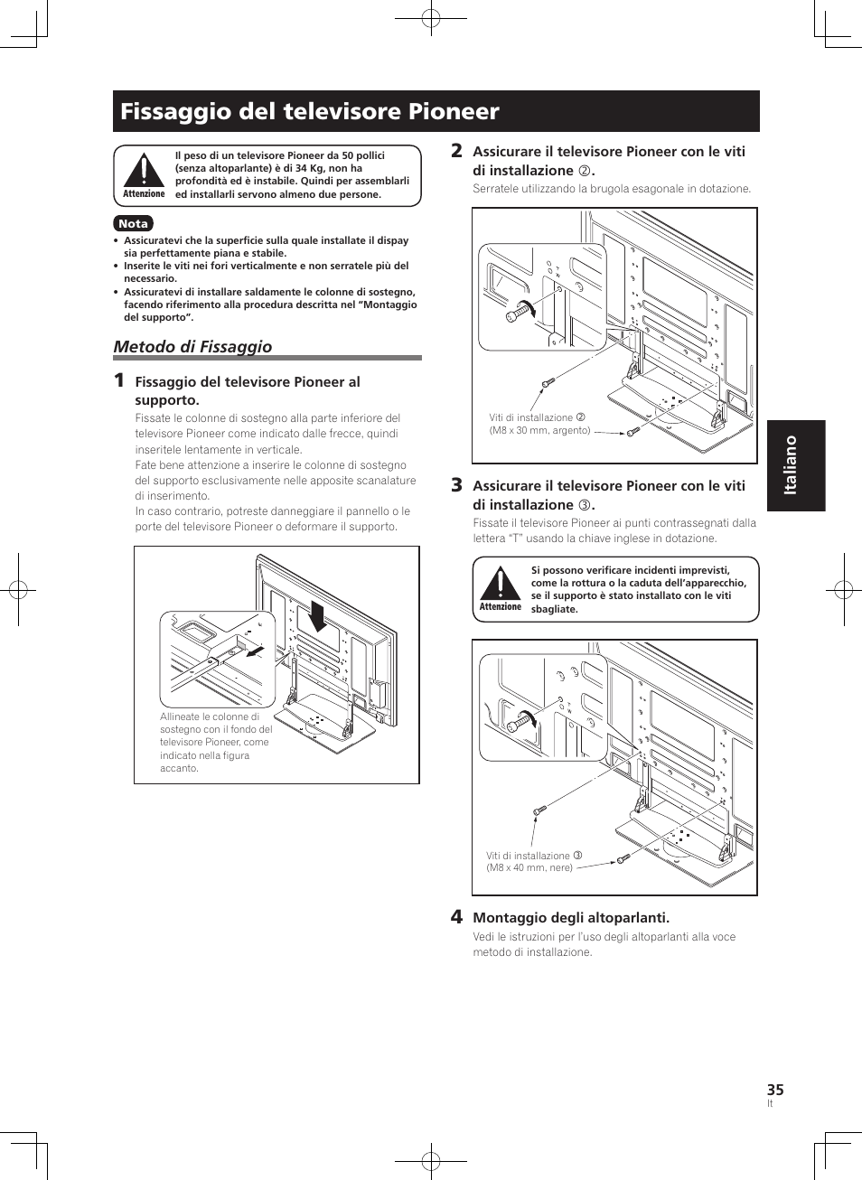 Fissaggio del televisore pioneer, Italiano, Metodo di fissaggio | Pioneer PDK-TS36B User Manual | Page 35 / 82