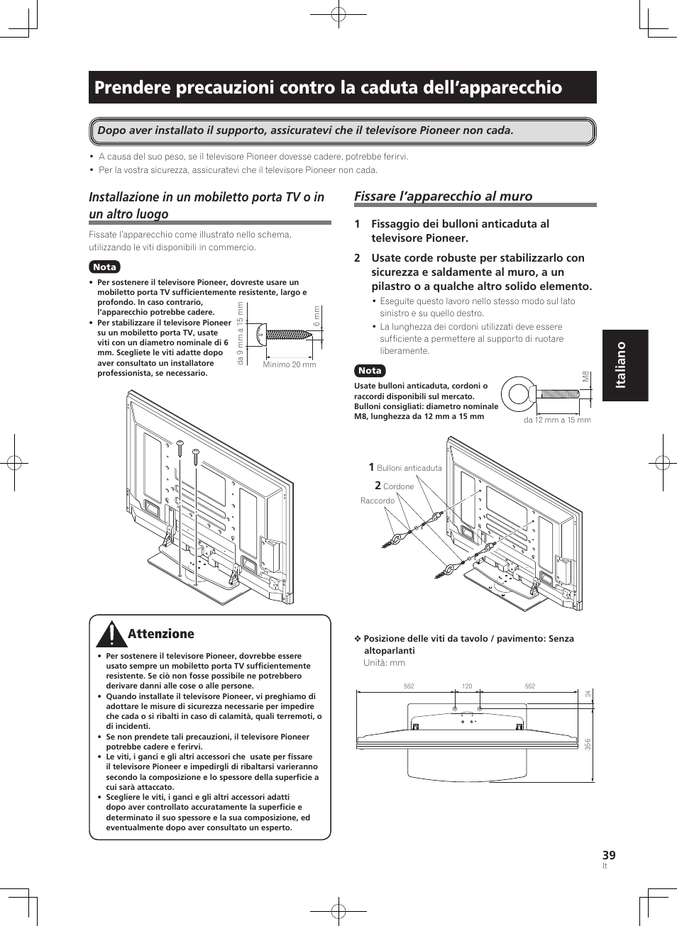 Italiano, Fissare l’apparecchio al muro | Pioneer PDK-TS36B User Manual | Page 39 / 82
