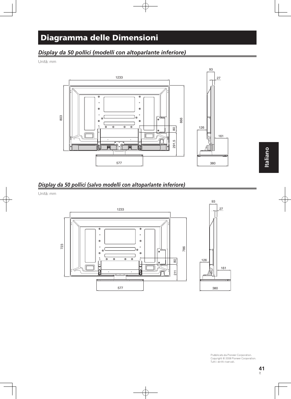 Diagramma delle dimensioni, Italiano | Pioneer PDK-TS36B User Manual | Page 41 / 82